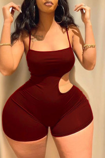 Burgundy Sexy Solid Hollowed Out Spaghetti Strap Skinny Rompers