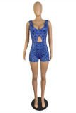 Blue Sexy Casual Print Hollowed Out Backless V Neck Skinny Rompers
