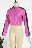 Yellow Casual Patchwork Contrast Zipper Collar Outerwear