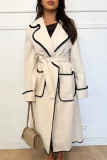 White Elegant Color Block Bandage Patchwork Pocket Turndown Collar Outerwear