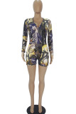 Yellow Fashion Adult Living Print Patchwork V Neck Skinny Rompers