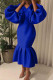 Blue Casual Solid Patchwork V Neck One Step Skirt Plus Size Dresses