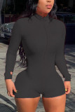 Black Fashion Casual Solid Long Sleeve O Neck Rompers