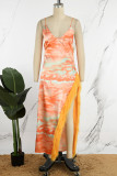 Orange Sexy Print Patchwork Backless Slit Spaghetti Strap Long Dress Dresses