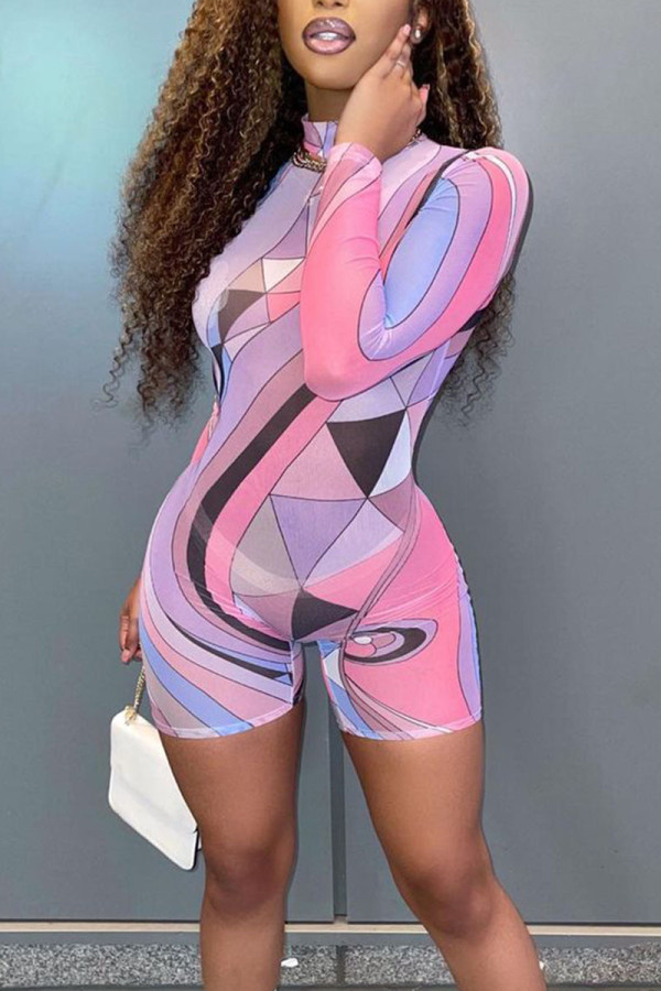Pink Sexy Print Patchwork Half A Turtleneck Skinny Rompers