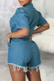 Blue Casual Solid Bandage Turndown Collar Straight Rompers