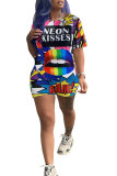 multicolor Fashion Casual Print Patchwork letter Lip Short Sleeve O Neck Rompers