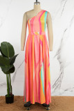 Multicolor Casual Print Backless Slit Oblique Collar Long Dress Dresses