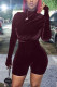 Wine Red Sexy Party Flocking Solid Fold Turtleneck Skinny Rompers