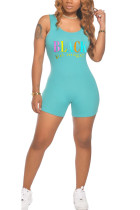 Cyan Fashion Sexy Print letter Sleeveless O Neck Rompers