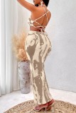 Khaki Sexy Casual Print Backless Spaghetti Strap Long Dress Dresses