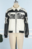 Black White Casual Letter Print Patchwork Turndown Collar Outerwear