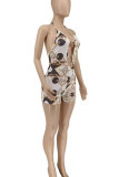 Cream White Sexy Print Hollowed Out Patchwork Metal Accessories Decoration Backless Halter Skinny Rompers