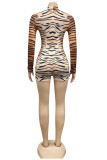 Brown Sexy Print Leopard O Neck Skinny Rompers