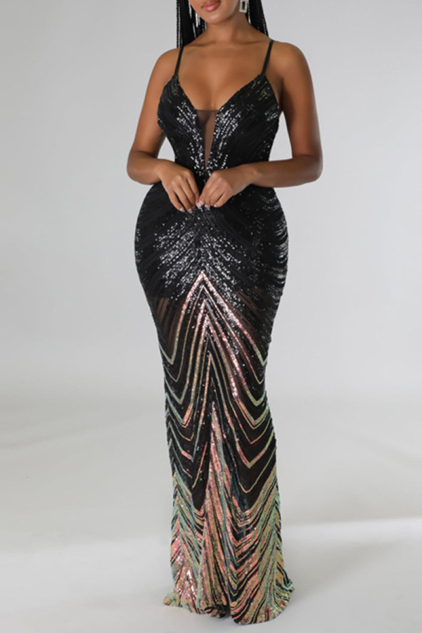 Black Celebrities Print Patchwork Spaghetti Strap Evening Dress Dresses