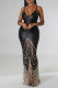Black Celebrities Print Patchwork Spaghetti Strap Evening Dress Dresses
