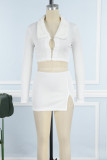 White Casual Solid Patchwork Slit V Neck Long Sleeve Two Pieces