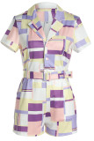 Purple Casual Geometric Print Patchwork Turn-back Collar Straight Rompers