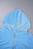 Royal Blue Sexy Solid Patchwork Draw String Pocket Zipper Hooded Collar Long Sleeve Two Pieces