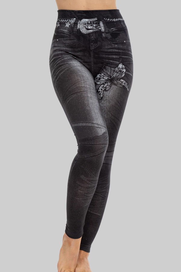 Black Casual Print Patchwork Skinny High Waist Conventional Positioning Print Bottoms