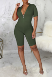 Green Sexy Solid Patchwork Zipper Collar Skinny Rompers