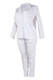 White Casual Solid Hollowed Out Turn-back Collar Plus Size Two Pieces
