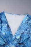 The cowboy blue Casual Print Patchwork V Neck Tops