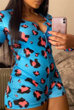 Blue Casual Print Patchwork O Neck Skinny Rompers