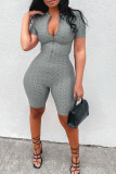 Yellow Casual Solid Zipper O Neck Skinny Rompers