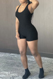Black Sexy Sportswear Solid Patchwork Backless Spaghetti Strap Straight Rompers