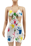 White Sexy Print Hollowed Out Halter Skinny Rompers