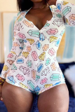 Blue Casual Print Patchwork O Neck Skinny Rompers