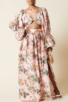 Pink Sweet Print Patchwork Backless High Opening V Neck Long Sleeve Two Pieces