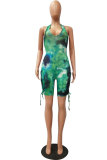Blue Fashion Sexy Tie-dyed Coloured drawing Hollow Sleeveless Hanging neck Rompers