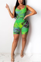 Green Fashion Casual Print Sleeveless Slip Rompers
