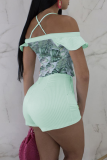 Green Sexy Print Patchwork Off the Shoulder Skinny Rompers