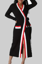 Black Elegant Color Block Bandage Patchwork Pocket V Neck Outerwear