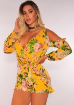 Yellow Hollow Out Print Casual Fashion Rompers