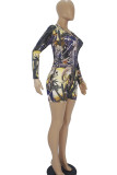 Yellow Fashion Adult Living Print Patchwork V Neck Skinny Rompers