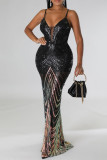 Black Celebrities Print Patchwork Spaghetti Strap Evening Dress Dresses