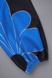 Blue Casual Print Patchwork Mandarin Collar Outerwear