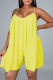 Yellow Sexy Solid Mesh Spaghetti Strap Loose Rompers