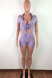 purple Fashion Casual bandage Button Solid Short Sleeve Turndown Collar Rompers