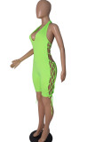 Fluorescent green Fashion street Print Milk. Sleeveless V Neck Rompers