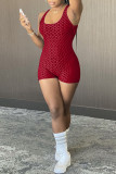 Burgundy Sexy Sportswear Solid Patchwork Backless Spaghetti Strap Straight Rompers