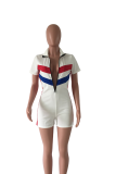 White Casual Color Block Patchwork Turndown Collar Skinny Rompers