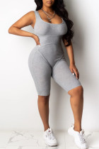 Grey Fashion Casual Solid Sleeveless O Neck Rompers