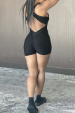 Black Sexy Sportswear Solid Patchwork Backless Spaghetti Strap Straight Rompers