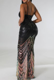 Black Celebrities Print Patchwork Spaghetti Strap Evening Dress Dresses