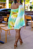 Cyan Fashion Casual Print Backless V Neck Regular Rompers